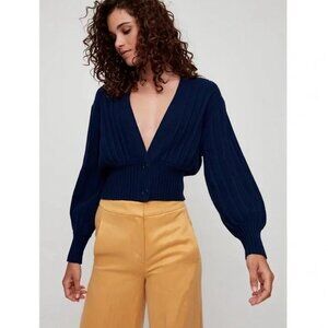 Aritzia Wilfred Merino Wool Plunge Cardigan Navy Blue Sz XXS